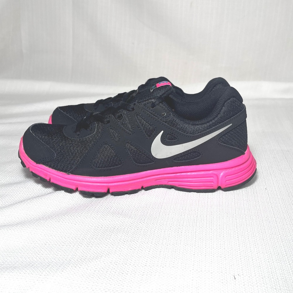 Nike Revolution Running Shoes Youth Girls Black Pink Silver Sneakers Athletic